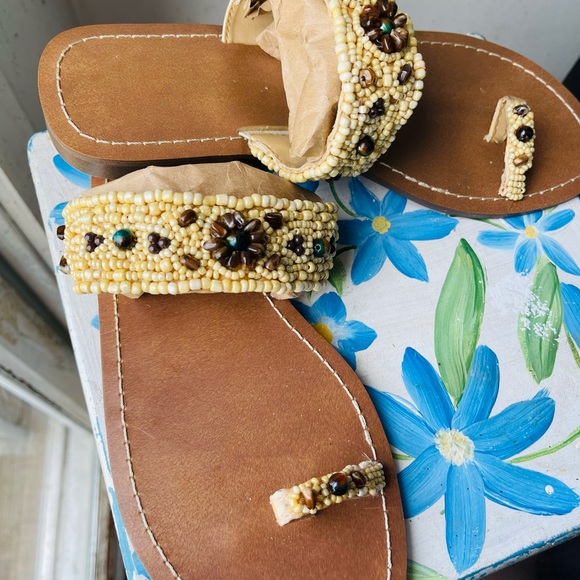 Women's Full Beaded Stretch Sandals Summer Beach Slip On Toe Ring Flat Shoes - Picture 6 of 7